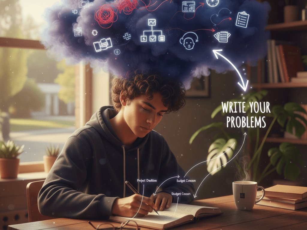 First-person view of a person’s hands writing a detailed problem statement on a white paper titled "PROBLEM," surrounded by books and a glowing light, illustrating Kidlin’s Law in practice.