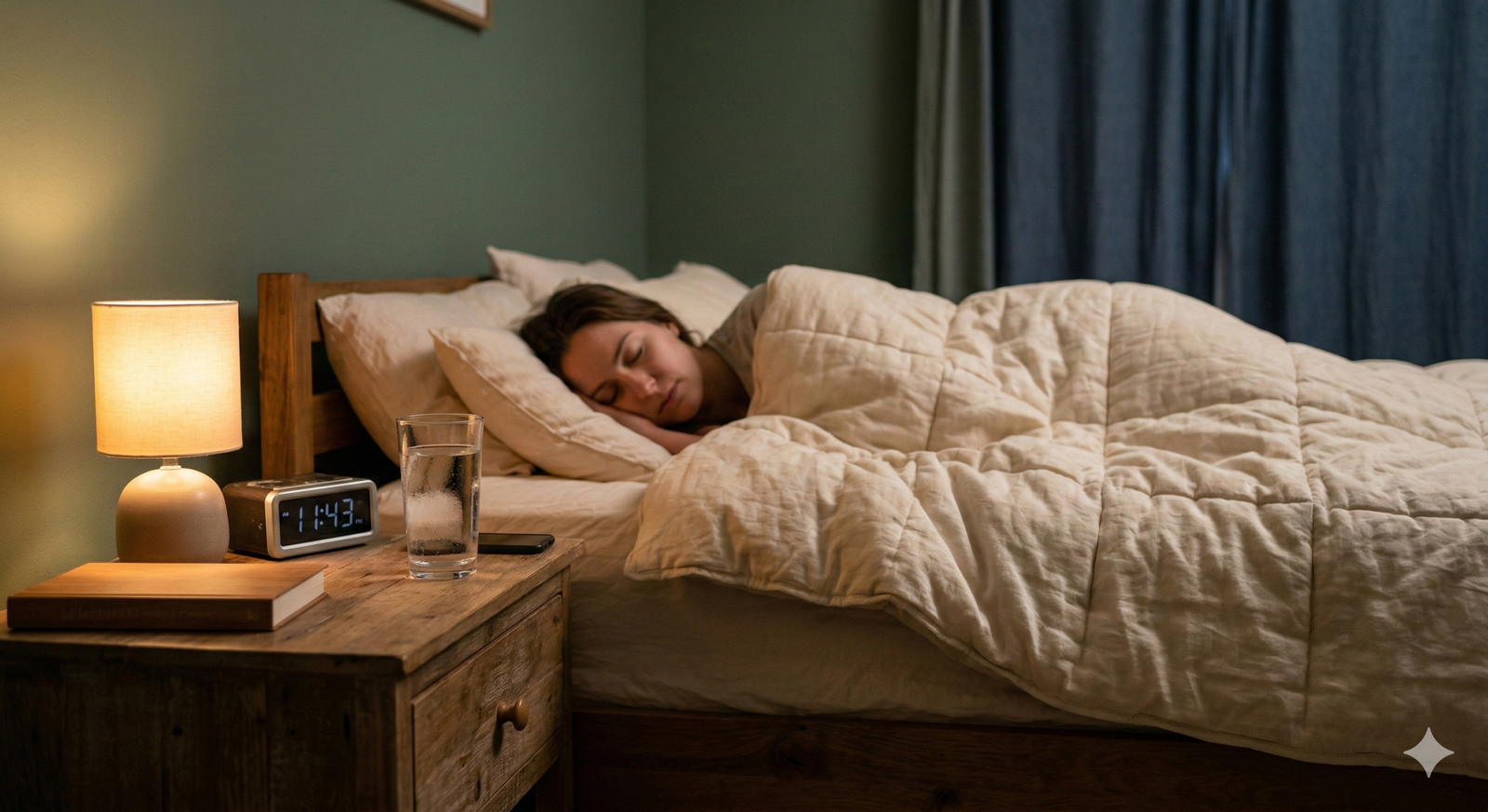 Glass of water on bedside table showing how drinking water before bed may help improve sleep