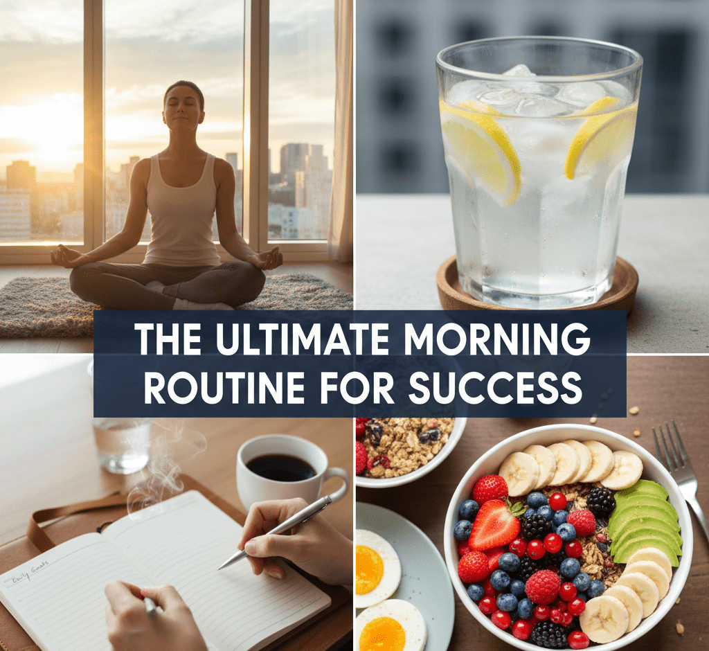 A professional four-quadrant collage for a blog header. The top-left shows a woman meditating peacefully at sunrise; the top-right features a cold glass of water with lemon; the bottom-left shows hands writing in a journal with coffee; and the bottom-right displays a healthy breakfast bowl of fruit and eggs. A centered dark banner reads "THE ULTIMATE MORNING ROUTINE FOR SUCCESS.