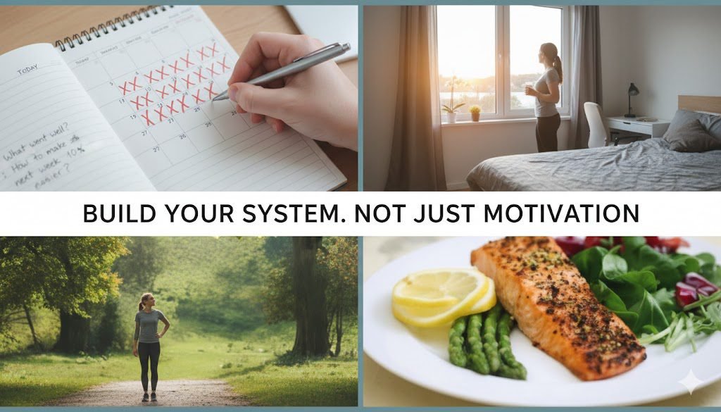 Collage image with four different images of important routines that help to change yourself.