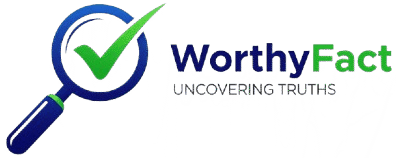 A logo for the brand "WorthyFact." On the left is an icon of a magnifying glass with a dark blue handle and rim, containing a bright green checkmark inside the lens to symbolize verification. To the right, the brand name is written in a bold sans-serif font with "Worthy" in dark blue and "Fact" in green. Below the name is the tagline "UNCOVERING TRUTHS" in smaller, black capital letters.