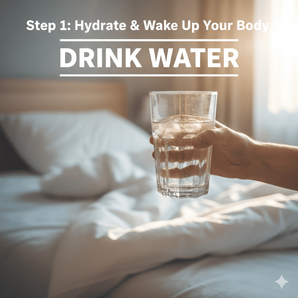 A first-person perspective of a hand holding a fresh, clear glass of water in a bright, airy bedroom with a soft-focus bed in the background.