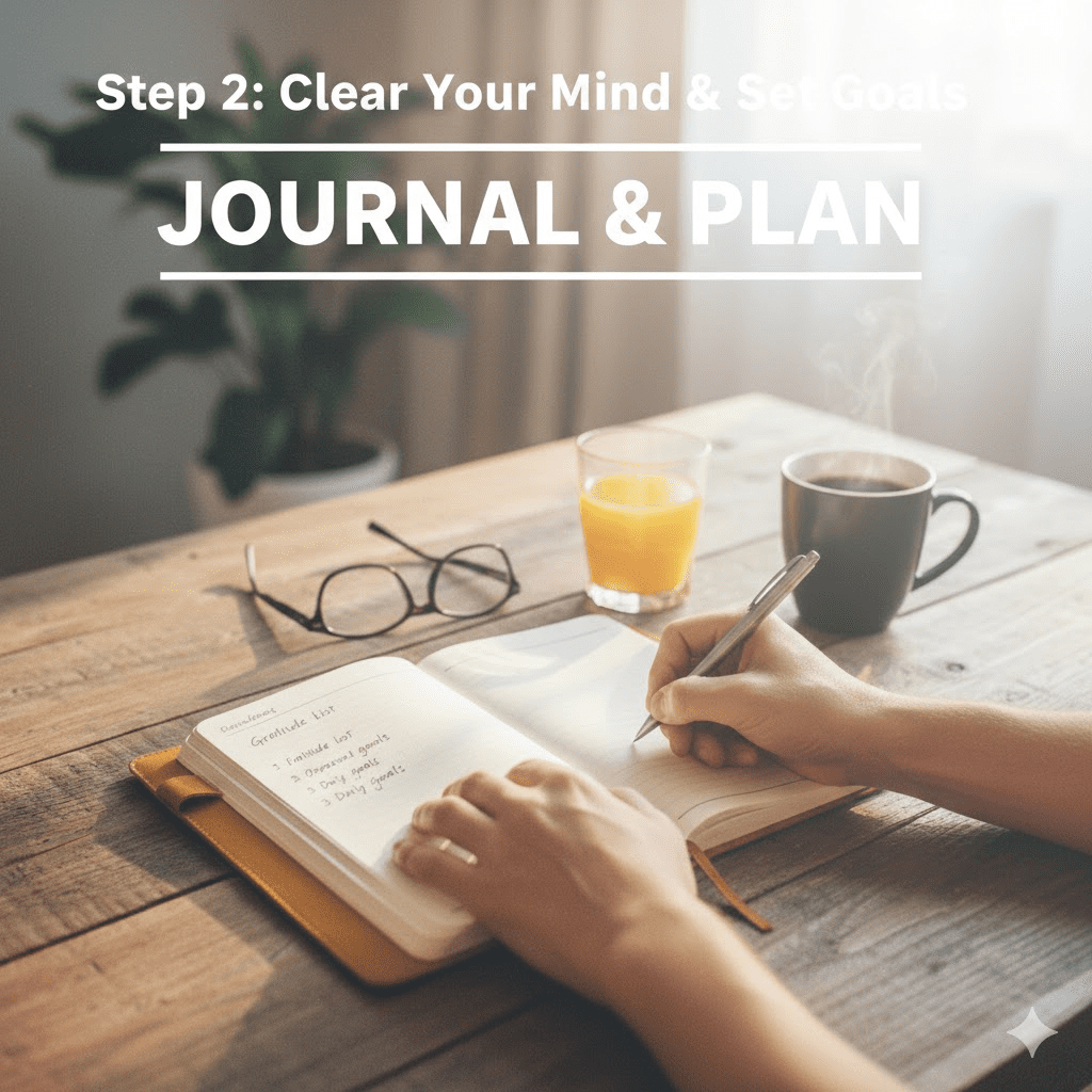 A close-up shot of hands writing in a leather-bound journal on a wooden desk next to a cup of black coffee, orange juice, and glasses in the morning light.