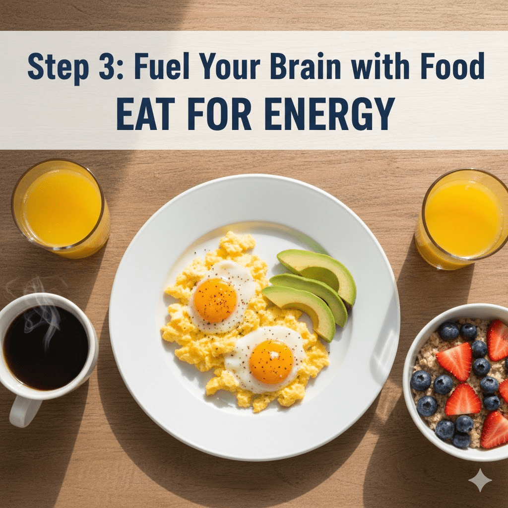 A top-down view of a healthy breakfast spread featuring sunny-side-up eggs with avocado, a bowl of oatmeal with fresh berries, orange juice, and black coffee on a wooden surface.