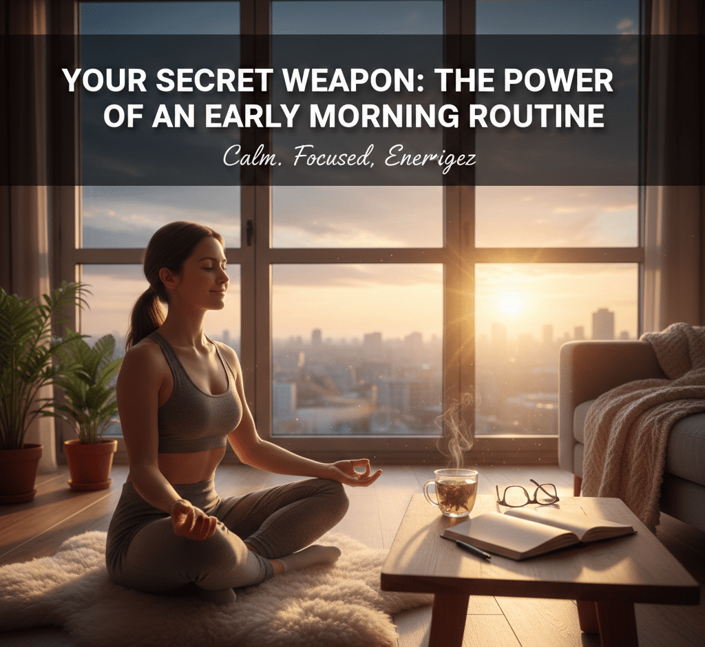A serene woman meditating in a sunlit living room at dawn, with a city skyline visible through a large window, a steaming cup of tea, and an open book on a wooden table.