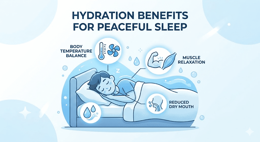 Illustration showing benefits of drinking water before bed including hydration and better sleep