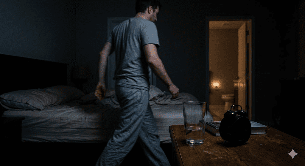 Person waking up at night to use the bathroom after drinking too much water before bed