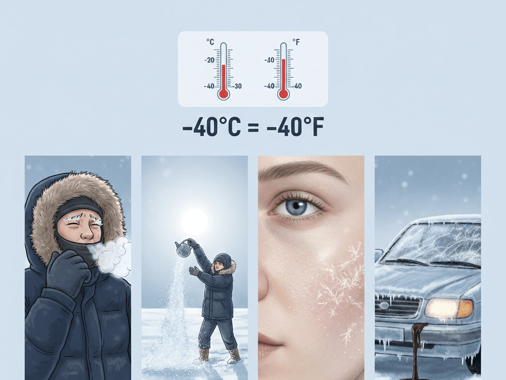 What minus 40 degrees feels like showing extreme cold effects including freezing breath, instant snow from boiling water, skin frost, car struggling to start, and Celsius and Fahrenheit thermometers meeting at −40