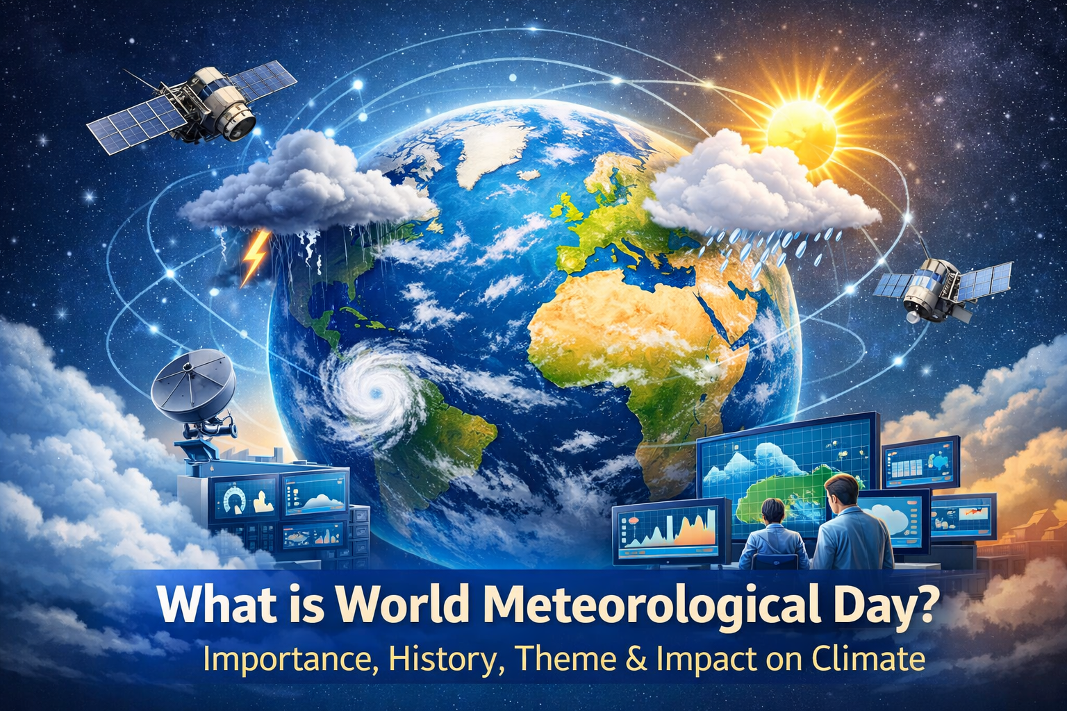 World Meteorological Day concept showing Earth with global weather patterns and satellite monitoring