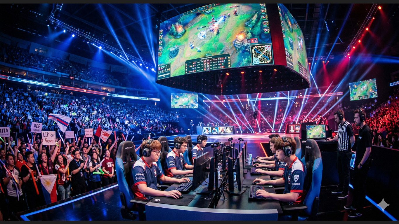 Professional e-sports players competing in a tournament, with the audience cheering and large screens displaying the game