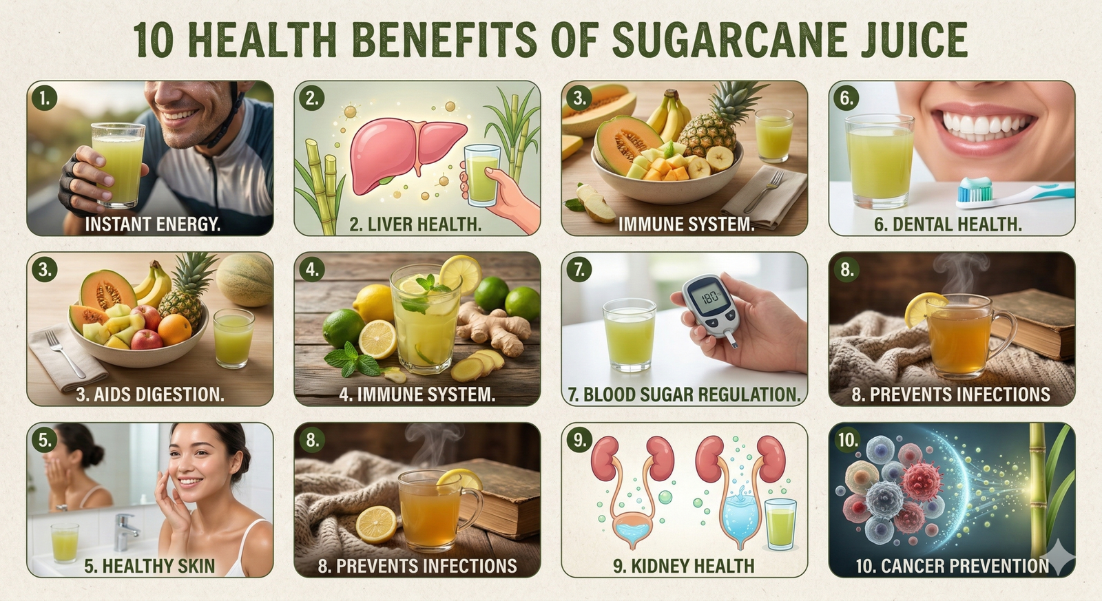 presented in a clean grid layout. Each numbered panel features a specific health benefit accompanied by a descriptive image and a glass of fresh juice