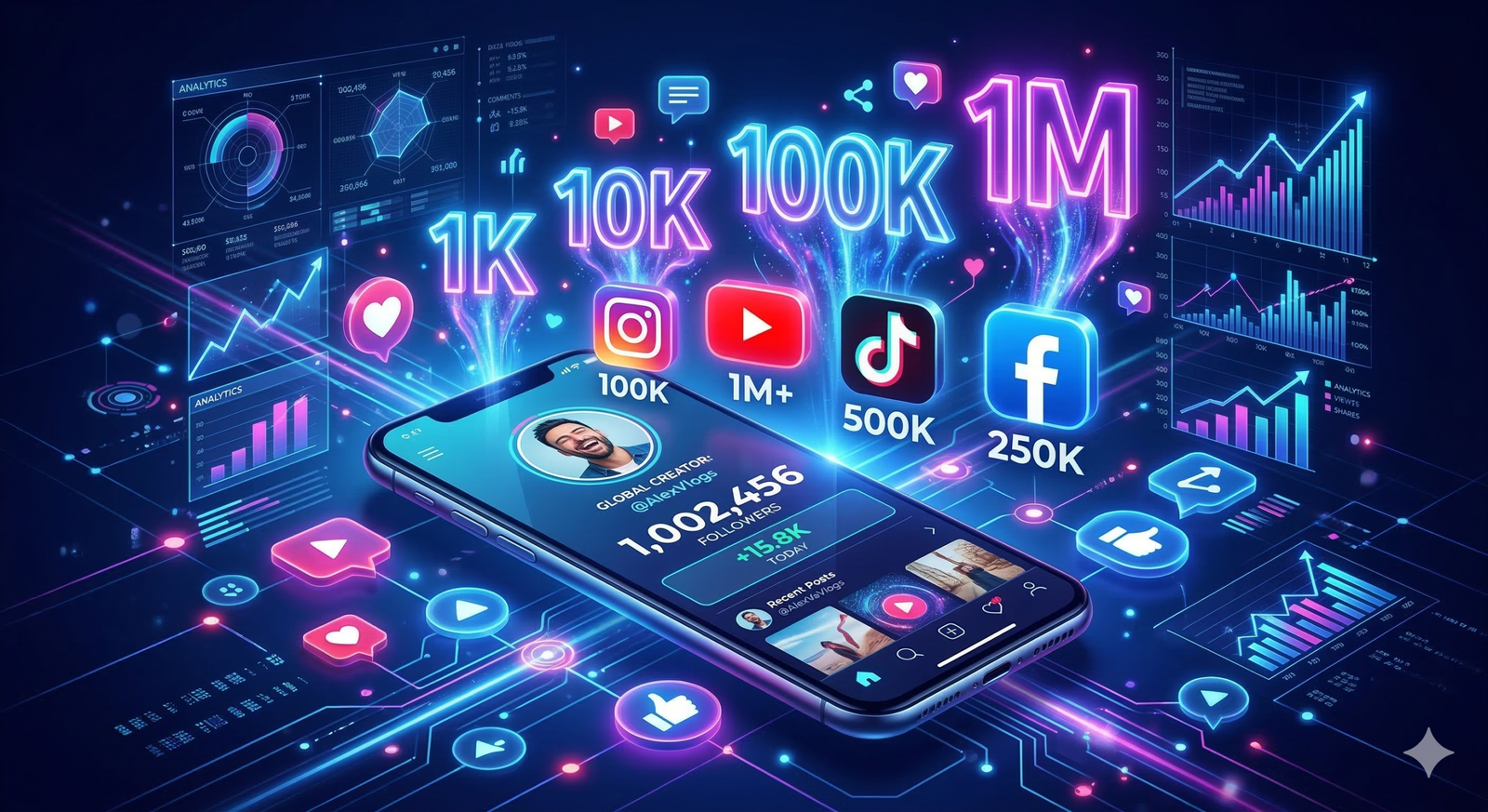 Illustration showing 1K, 10K, 100K, and 1M social media numbers with likes, followers, and views icons.