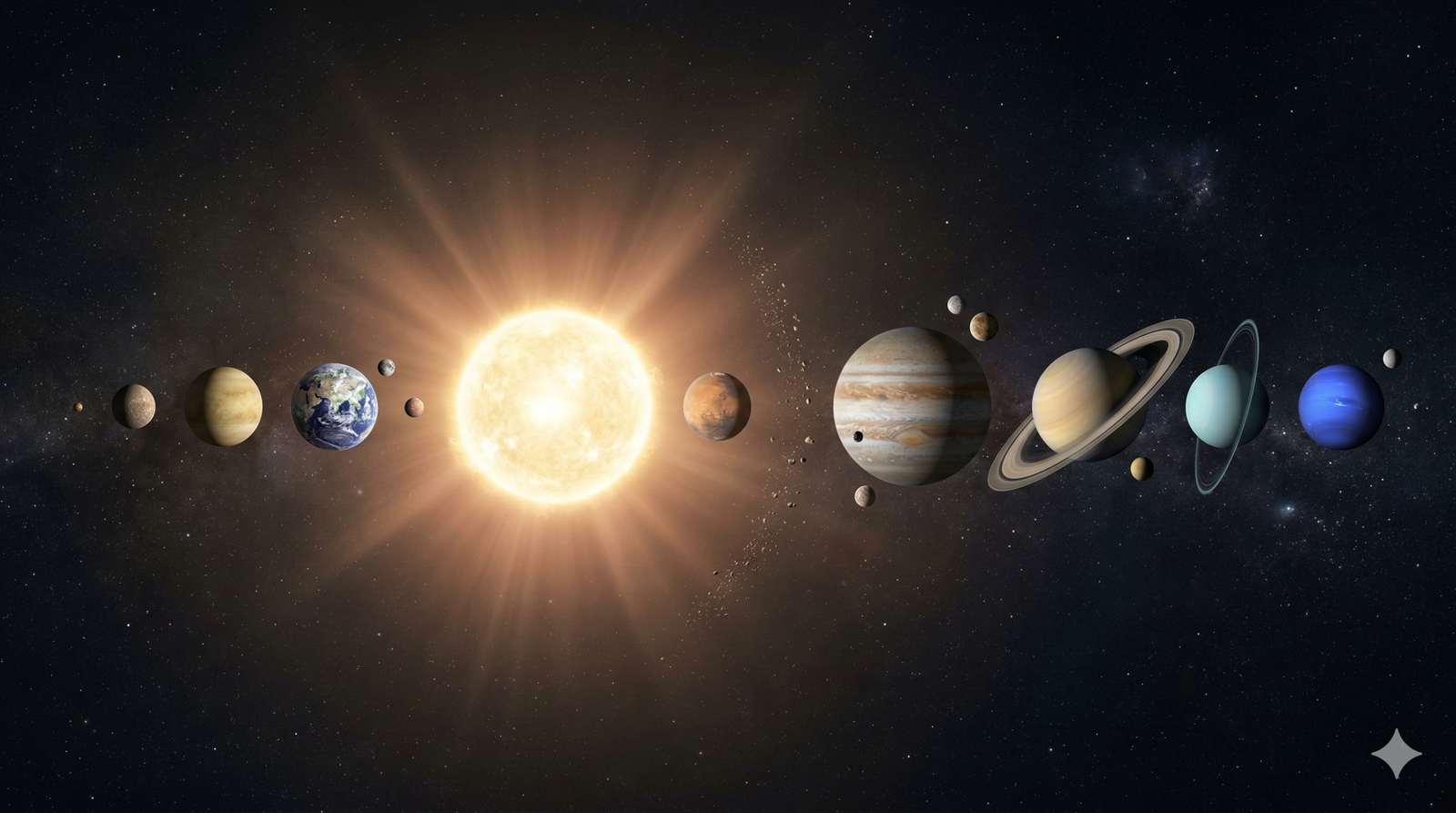 A cinematic, high-resolution 16:9 view of the Solar System against a vast, subtle star field. The Sun glows intensely at the center, emitting soft light rays that illuminate the eight planets. The planets are shown in a linear alignment, highlighting their distinct features: the rocky surfaces of Mercury, Venus, Earth, and Mars; the massive gas giants Jupiter and Saturn with its prominent rings; and the icy blue spheres of Uranus and Neptune. Small moons and a faint asteroid belt between Mars and Jupiter add realistic detail to the composition.