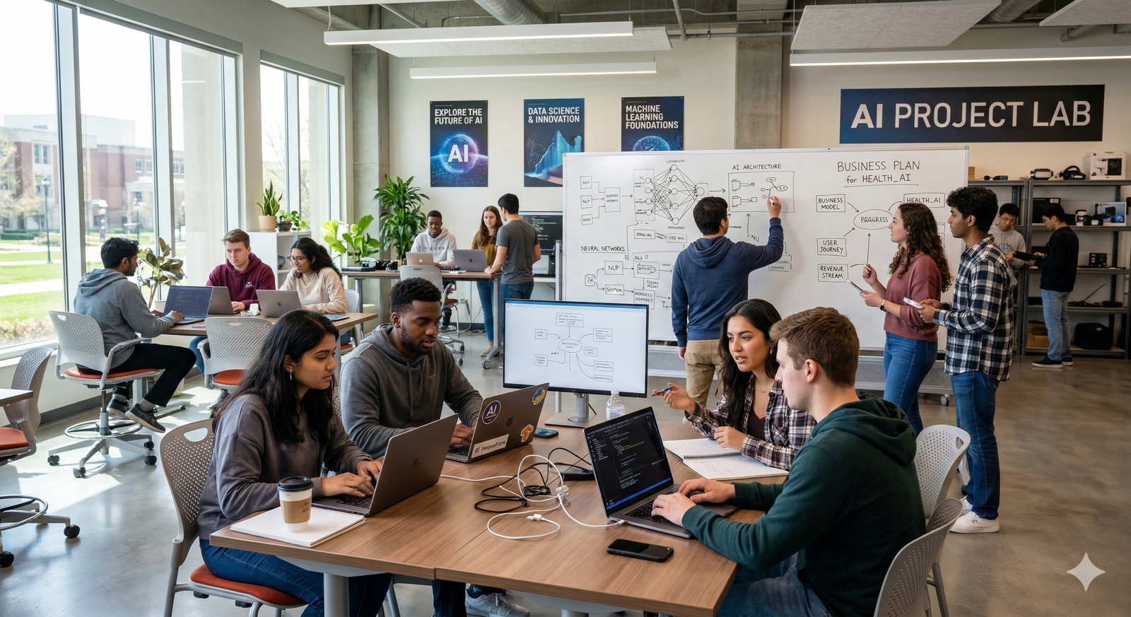 A photo of a diverse group of college students collaborating on a business plan in an AI Project Lab. A group is seated at a table working on laptops, while another group stands at a whiteboard analyzing a business plan diagram. The classroom has large windows, modern furniture, and posters on the walls about AI and machine learning.