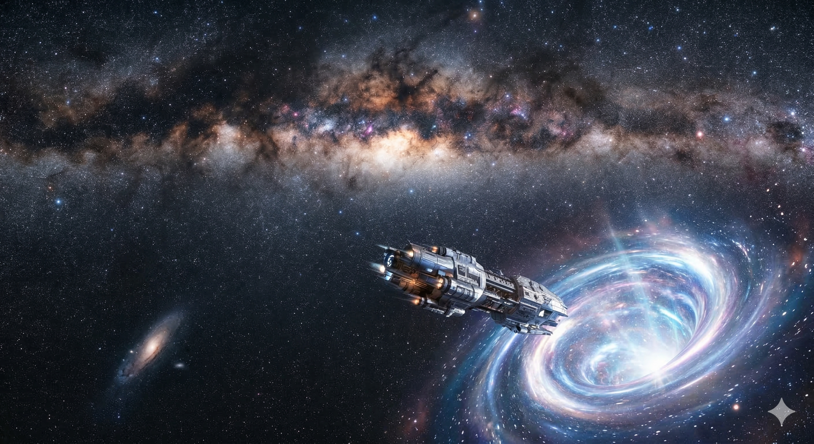 Futuristic spacecraft traveling through a glowing wormhole in deep space toward another galaxy.