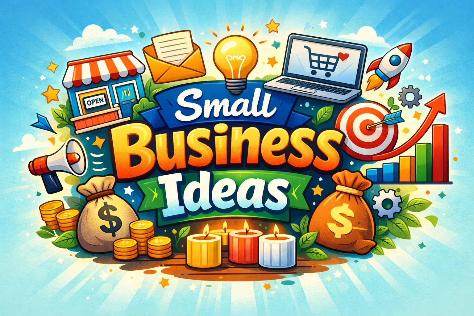 Vibrant digital design showcasing the words 'Small Business Ideas' in bold, 3D letters, surrounded by various entrepreneurship-related symbols such as a small shop, money bag, laptop with shopping cart, growth graph, lightbulb, and a rocket. The background features a bright blue sky with clouds, sparkles, and rays of light.