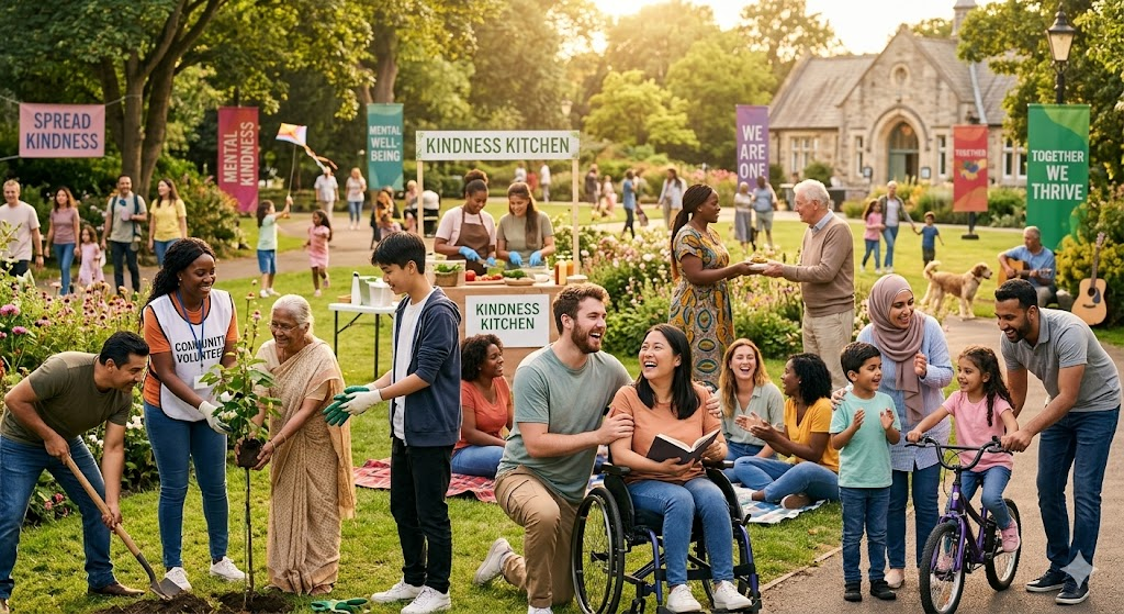 Community members volunteering and sharing joyful moments symbolizing global happiness and human well being.