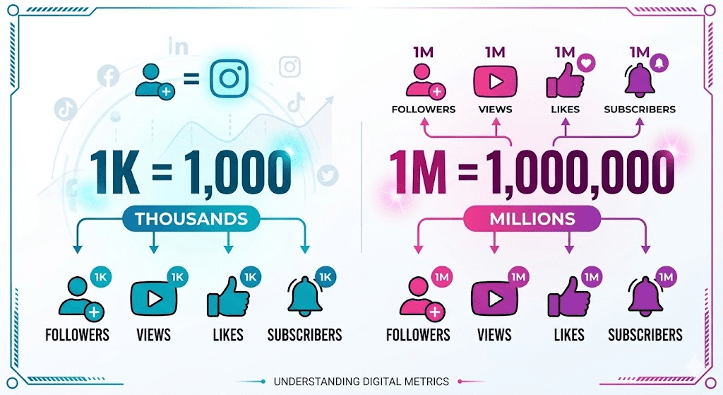 Infographic explaining 1K equals 1,000 and 1M equals 1,000,000 in social media numbers.