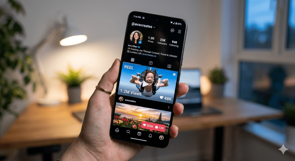 Smartphone screen displaying social media statistics including 25K followers, 1.2M views, and 500K likes.