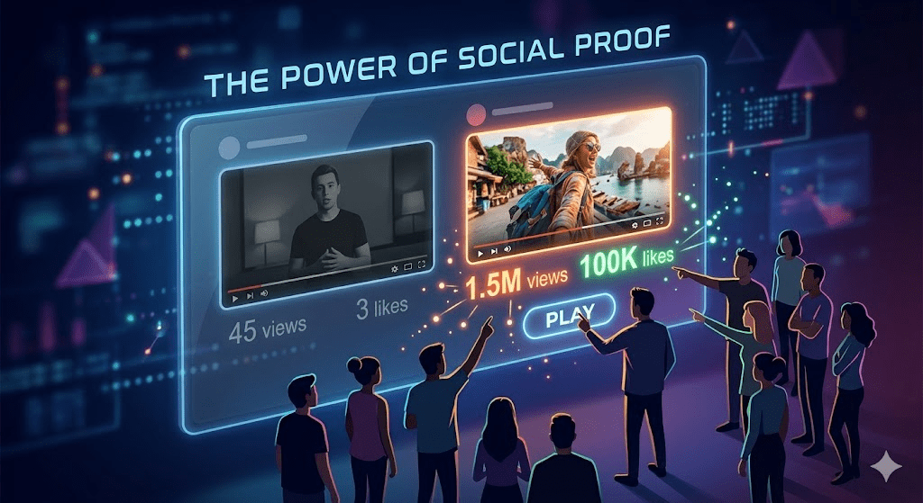 People choosing a video with millions of views demonstrating social proof on social media platforms.