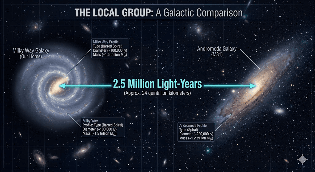 Visualization showing the Milky Way and Andromeda galaxies separated by 2.5 million light years.