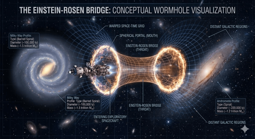 Illustration of a wormhole tunnel connecting two distant points in space-time.