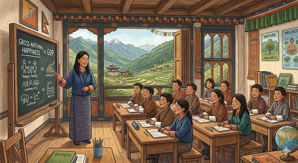Teacher explaining Bhutan’s Gross National Happiness concept to students in a classroom setting.