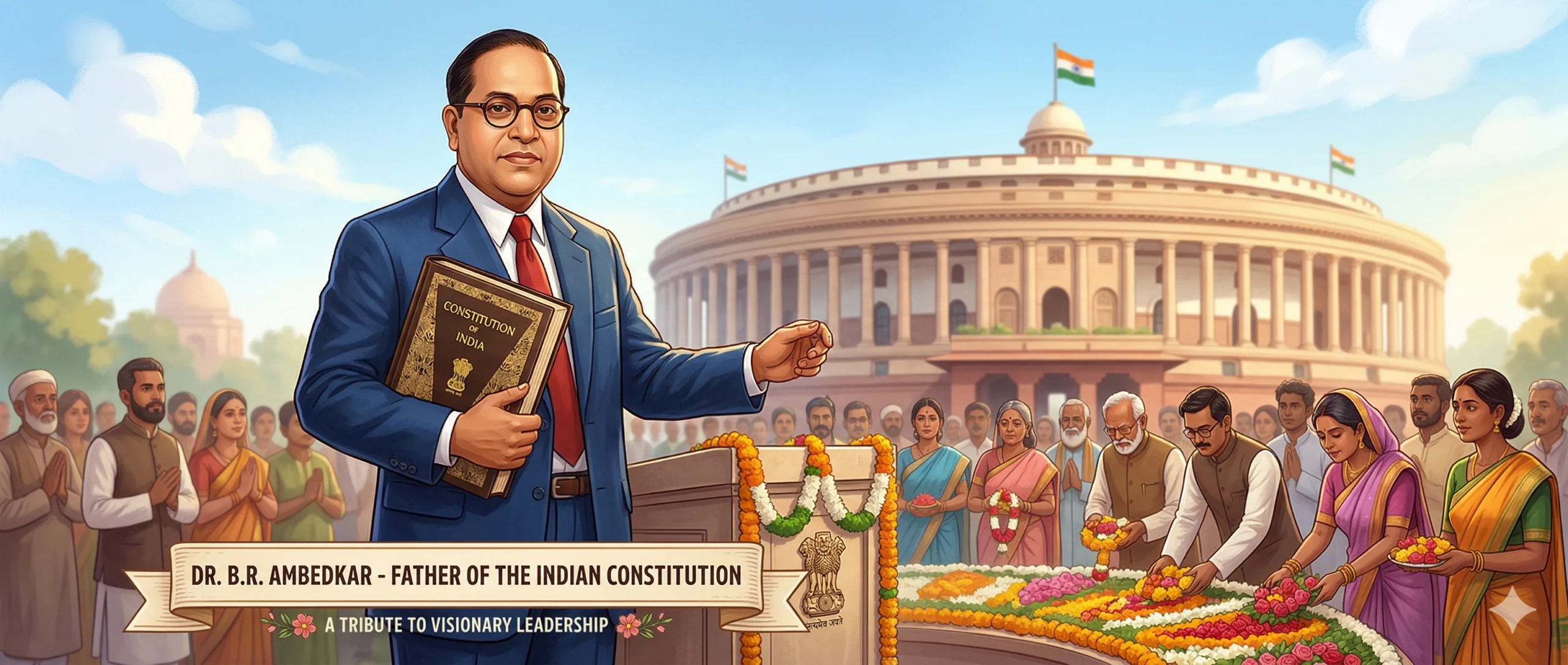 Dr. B.R. Ambedkar holding the Indian Constitution with people paying tribute on Ambedkar Jayanti